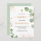 Baptisme eucalyptus greenery glitter cross script uitnodiging briefkaart (Voorkant / Achterkant)