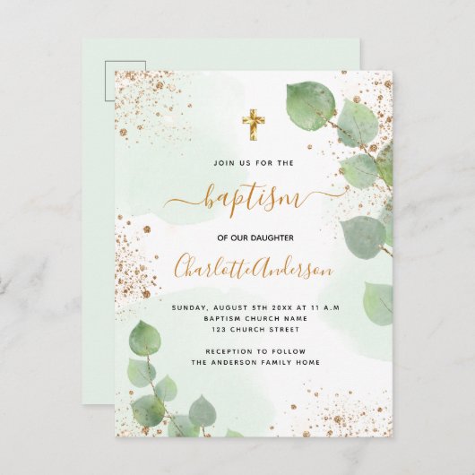 Baptisme eucalyptus greenery glitter cross script uitnodiging briefkaart (Voorkant / Achterkant)