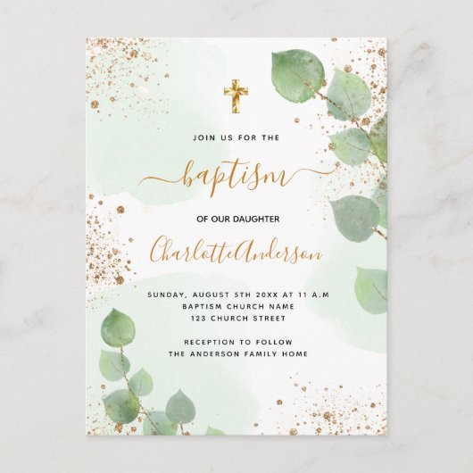Baptisme eucalyptus greenery glitter cross script uitnodiging briefkaart (Voorkant)