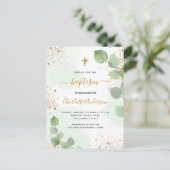 Baptisme eucalyptus greenery glitter cross script uitnodiging briefkaart (Staand voorkant)