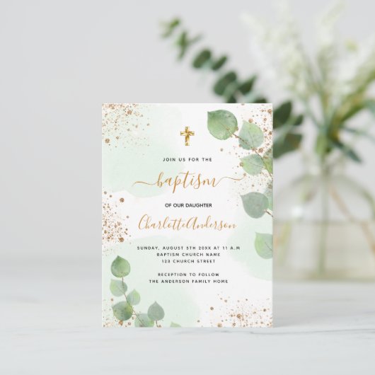 Baptisme eucalyptus greenery glitter cross script uitnodiging briefkaart (Staand voorkant)