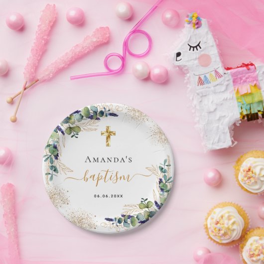 Baptisme eucalyptus greenery glitter monogram papieren bordje (Feest)