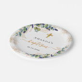 Baptisme eucalyptus greenery glitter monogram papieren bordje (Gekanteld)