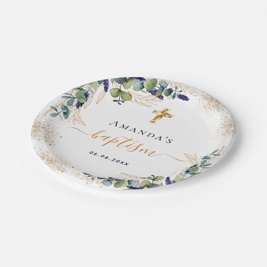 Baptisme eucalyptus greenery glitter monogram papieren bordje (Gekanteld)