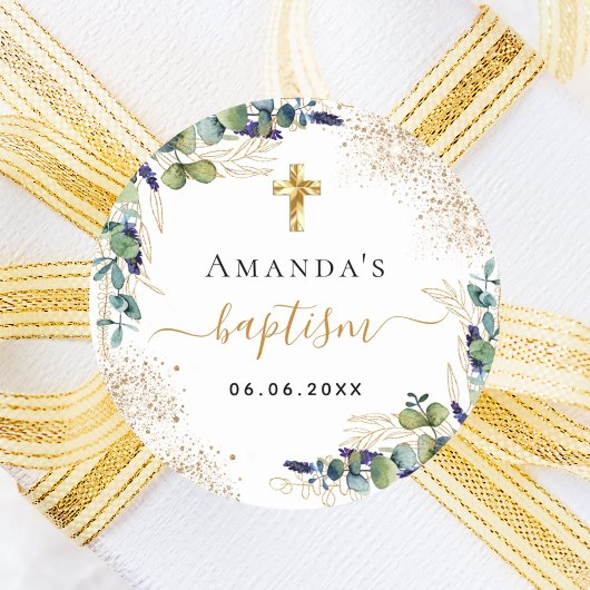 Baptisme eucalyptus greenery glitter monogram ronde sticker