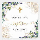 Baptisme eucalyptus greenery glitter monogram vierkante sticker (Voorkant)