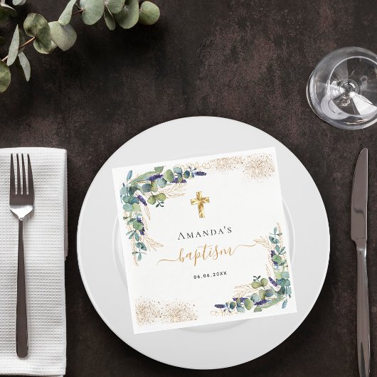 Baptisme eucalyptus greenery glitter name girl servet