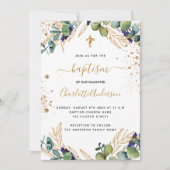 Baptisme eucalyptus greenery Gold cross script Kaart (Voorkant)