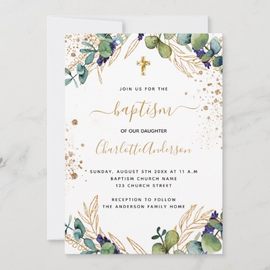 Baptisme eucalyptus greenery Gold cross script Kaart (Voorkant)