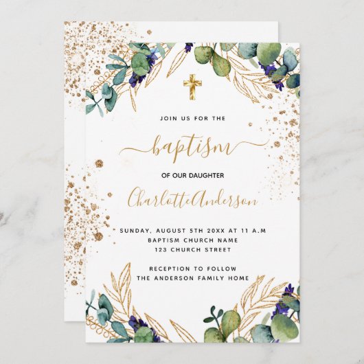 Baptisme eucalyptus greenery Gold cross script Kaart (Voorkant / Achterkant)