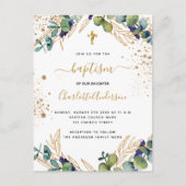 Baptisme eucalyptus greenery Gold cross script Uitnodiging Briefkaart (Voorkant)