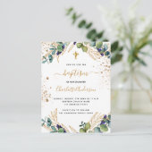 Baptisme eucalyptus greenery Gold cross script Uitnodiging Briefkaart (Staand voorkant)