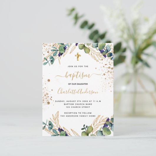 Baptisme eucalyptus greenery Gold cross script Uitnodiging Briefkaart (Staand voorkant)