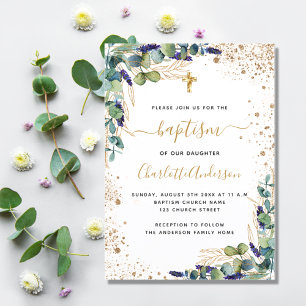 Baptisme eucalyptus greenery Gold cross script Uitnodiging Briefkaart