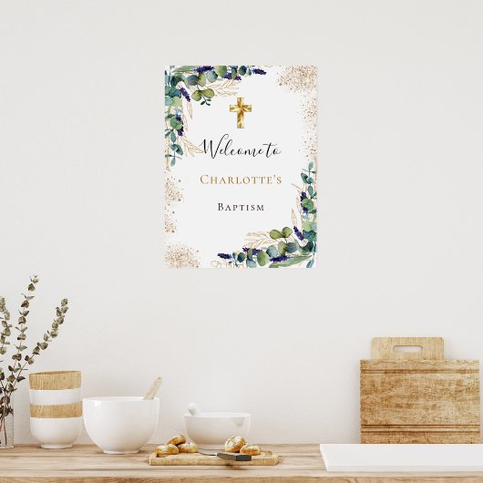 Baptisme eucalyptus greenery Gold cross-Welkom Poster (Keuken)