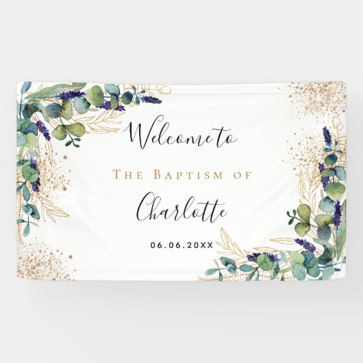 Baptisme eucalyptus greenery Gold elegant welkom Spandoek (Horizontaal)