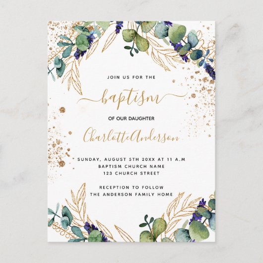 Baptisme eucalyptus greenery Gold-uitnodiging Briefkaart (Voorkant)
