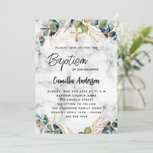 Baptisme eucalyptus greenery goudmarmer kaart (Staand voorkant)