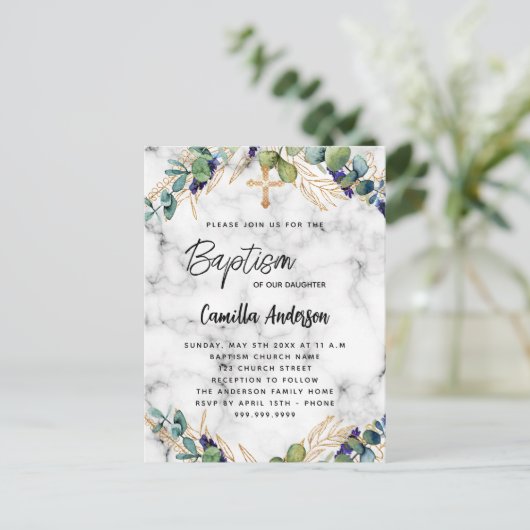 Baptisme eucalyptus greenery goudmarmer uitnodiging briefkaart (Staand voorkant)