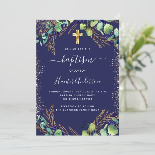 Baptisme eucalyptus greenery navy blue kaart (Staand voorkant)