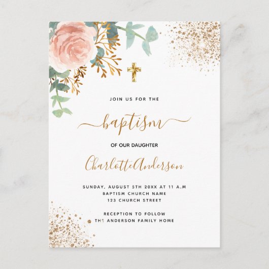 Baptisme eucalyptus greenery roos goudbloem uitnodiging briefkaart (Voorkant)