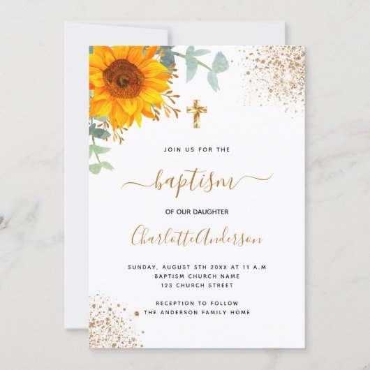 Baptisme eucalyptus greenery sunflower gold cross kaart (Voorkant)