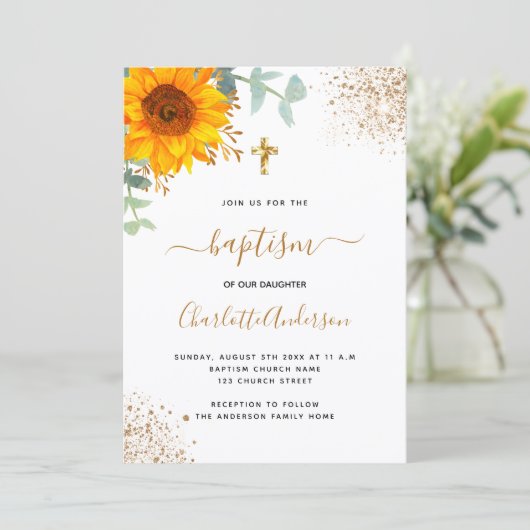 Baptisme eucalyptus greenery sunflower gold cross kaart (Staand voorkant)