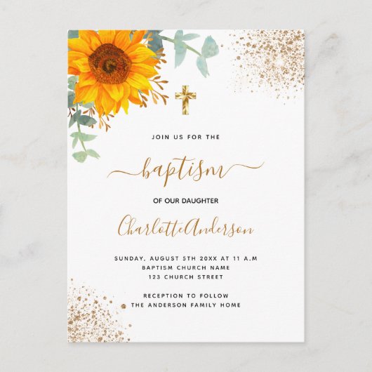 Baptisme eucalyptus greenery sunflower gold cross uitnodiging briefkaart (Voorkant)