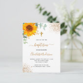 Baptisme eucalyptus greenery sunflower gold cross uitnodiging briefkaart (Staand voorkant)