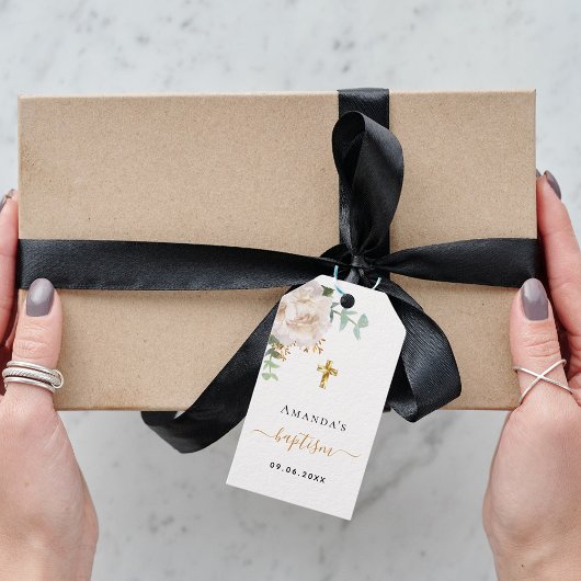 Baptisme eucalyptus greenery white floral cadeaulabel