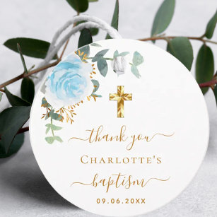 Baptisme eucalyptus lichtblauwe florale dank bedankjes labels