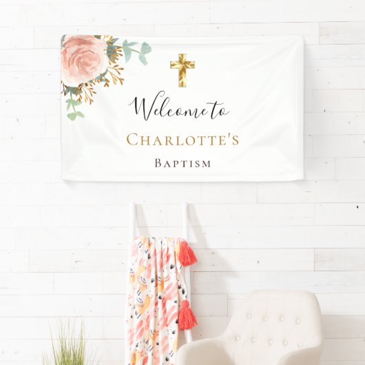 Baptisme eucalyptus roze florale roos goud welkom spandoek (Insitu)