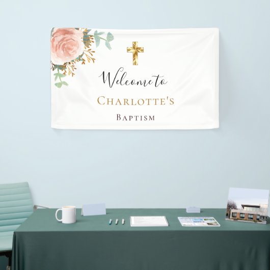 Baptisme eucalyptus roze florale roos goud welkom spandoek (Beurs)
