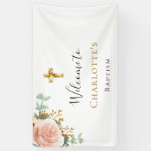 Baptisme eucalyptus roze florale roos goud welkom spandoek (Verticaal)