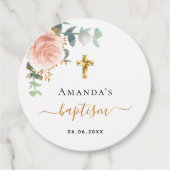Baptisme eucalyptus roze meisje met roze roos goud bedankjes labels (Voorkant)