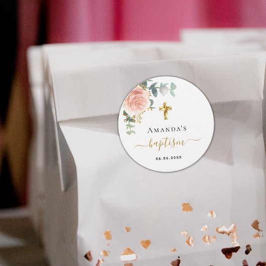 Baptisme eucalyptus roze meisje met roze roos goud bedankjes labels