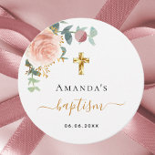 Baptisme eucalyptus roze meisje met roze roos goud bedankjes labels