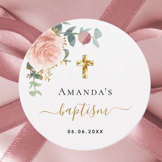 Baptisme eucalyptus roze meisje met roze roos goud bedankjes labels