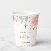 Baptisme eucalyptus roze meisje met roze roos goud papieren bekers (Achterkant)