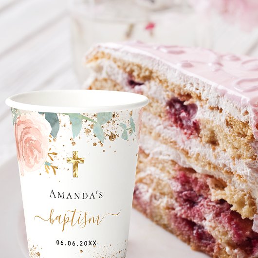 Baptisme eucalyptus roze meisje met roze roos goud papieren bekers