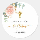 Baptisme eucalyptus roze meisje met roze roos goud ronde sticker (Voorkant)