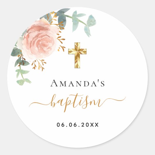 Baptisme eucalyptus roze meisje met roze roos goud ronde sticker (Voorkant)