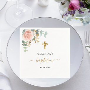Baptisme eucalyptus roze meisje met roze roos goud servet