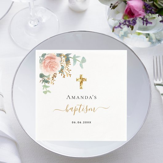 Baptisme eucalyptus roze meisje met roze roos goud servet