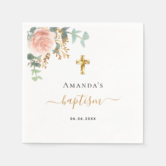 Baptisme eucalyptus roze meisje met roze roos goud servet (Voorkant)