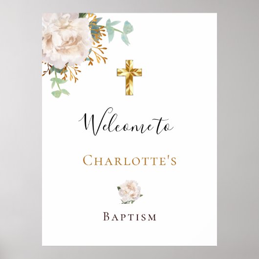 Baptisme eucalyptus white floral gold kruis welkom poster (Voorkant)