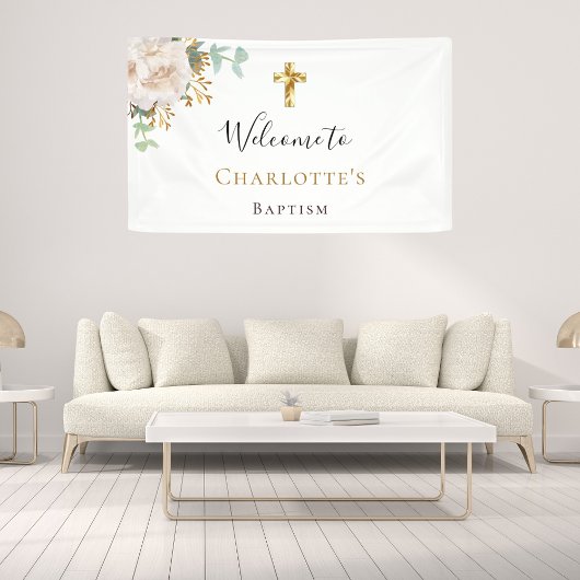 Baptisme eucalyptus white floral gold kruis welkom spandoek