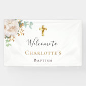 Baptisme eucalyptus white floral gold kruis welkom spandoek (Horizontaal)
