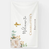 Baptisme eucalyptus white floral gold kruis welkom spandoek (Verticaal)
