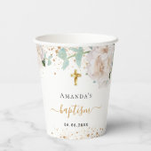 Baptisme eucalyptus white gold floral papieren bekers (Achterkant)